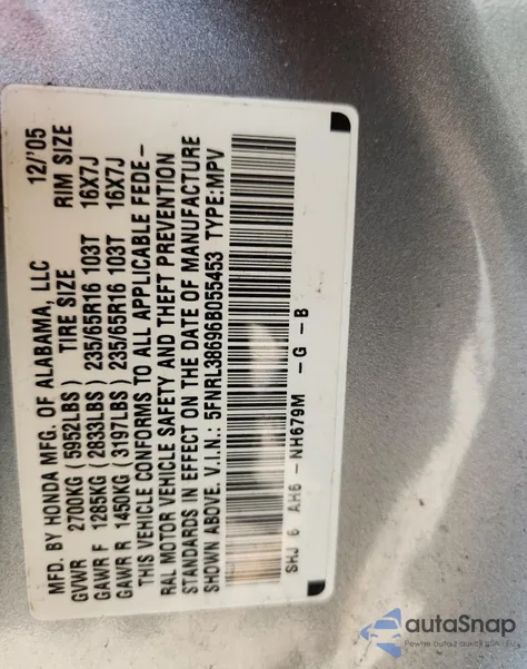 2006 Honda Odyssey Exl из США, поврежденный, VIN 5FNRL38696B055453